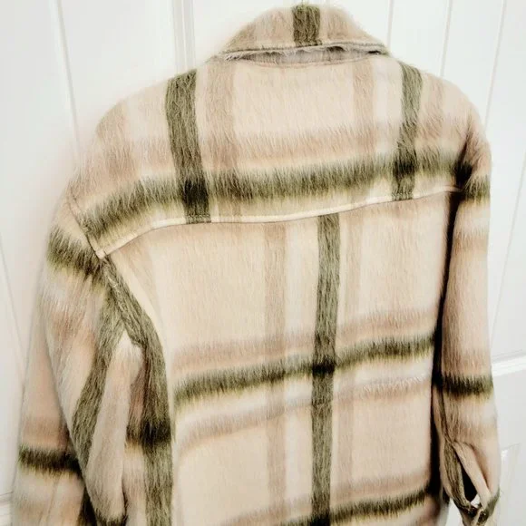 American Eagle Size Small Brushed Plaid Oversized Shacket Jacket Cream NWT $90 - Picture 13 of 16